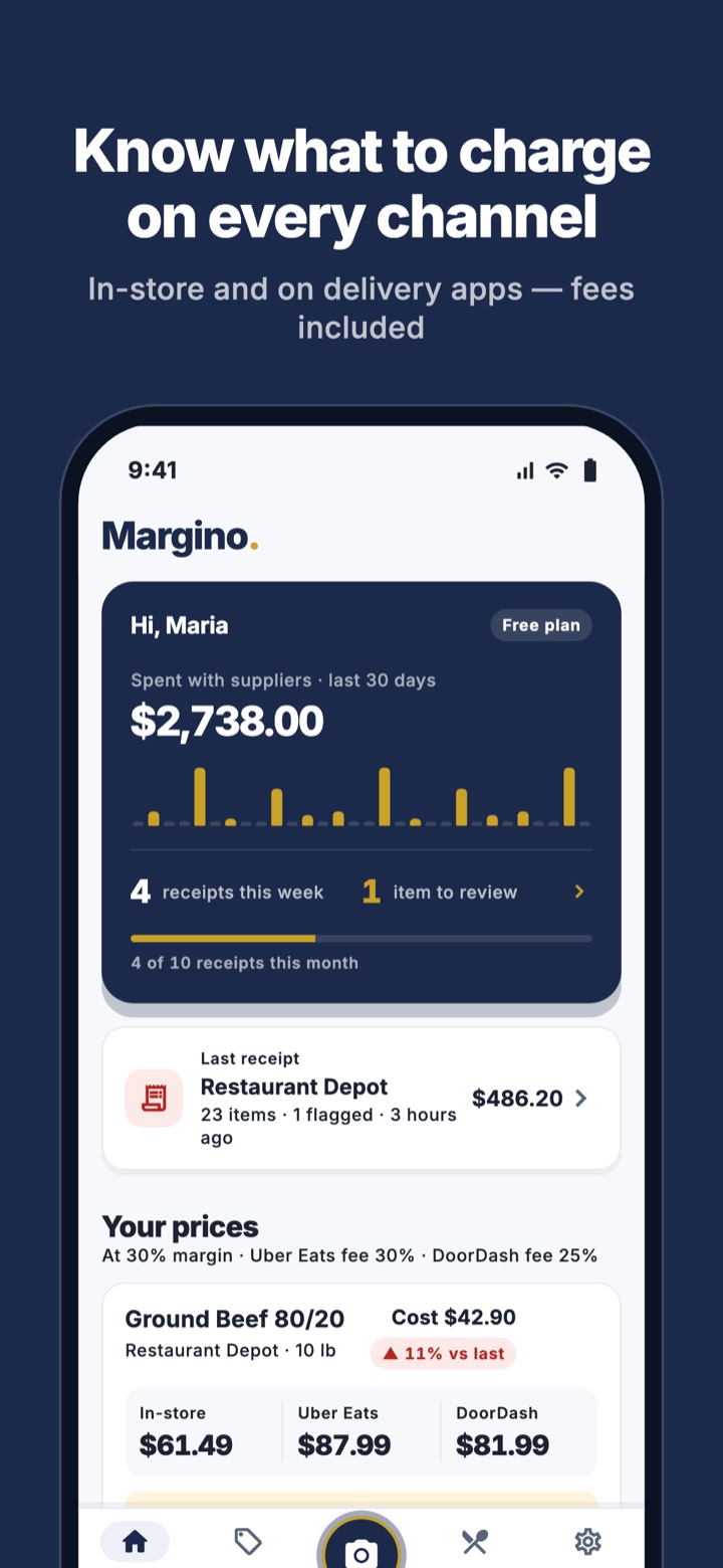 Margino home: supplier spend and prices for in-store, Uber Eats and DoorDash